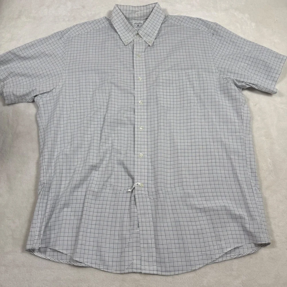 Brooks Brothers Mens Large Blue Tan Micro Check Cotton Short Sleeve Sport Shirt